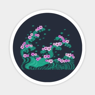 Green Waves and Pink Cherry Flowers in Japanese Art Style Design Magnet